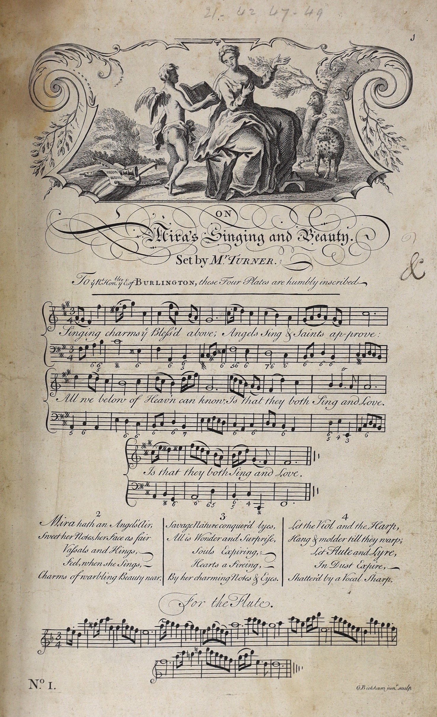 (Bickham, George - The Musical Entertainer). vol. 1 (only, of 2), without title and prelims. 99 (ex.100) engraved leaves of songs (words and music) with pictorial and decorative vignette at head of each; rebound 19th cen